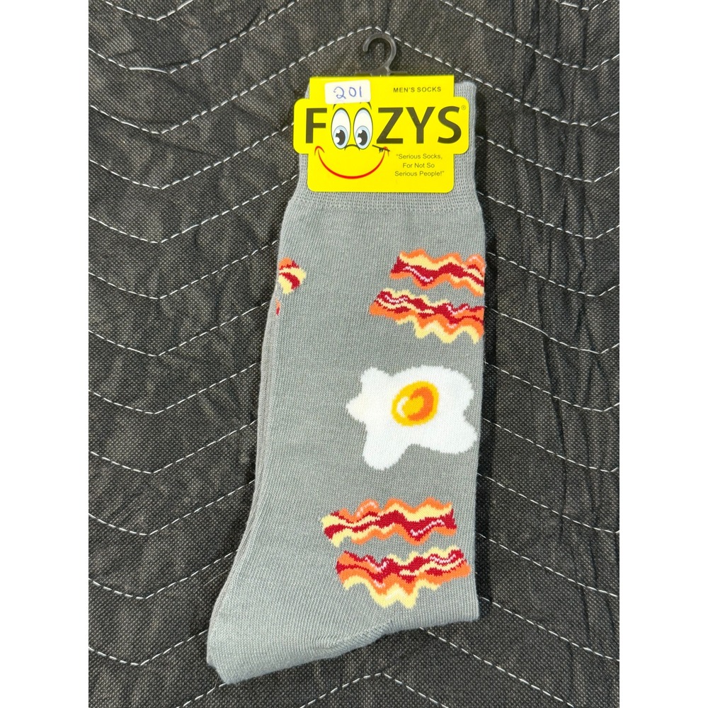Foozys Crew Socks Mens 10-13 Gray New Bacon‎ and Eggs Breakfast Novelty FM-41